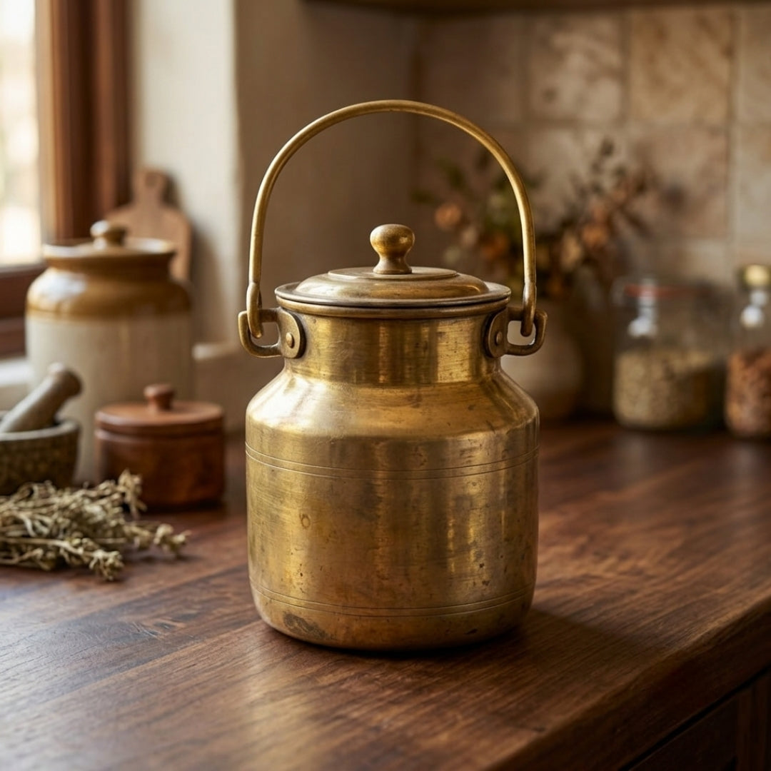 Antique Brass Small Storage Canister | Traditional Lidded Canister with Carrying Handle | Made in 1978