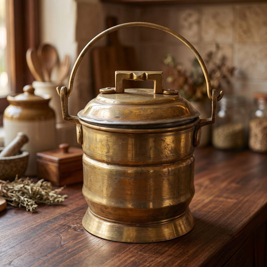 Antique Brass Small Bucket with Handle | Traditional Lidded Storage Pail | Made in 1976