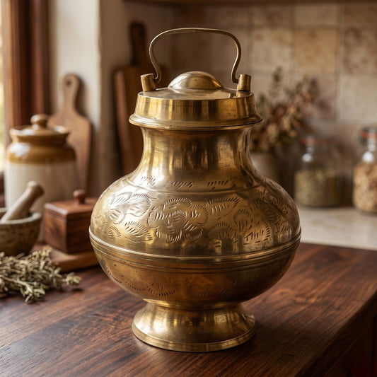 Antique Brass Engraved Gangajal | Traditional Lidded Water Pot with Floral Etchings and Carrying Handle | Made in 1978