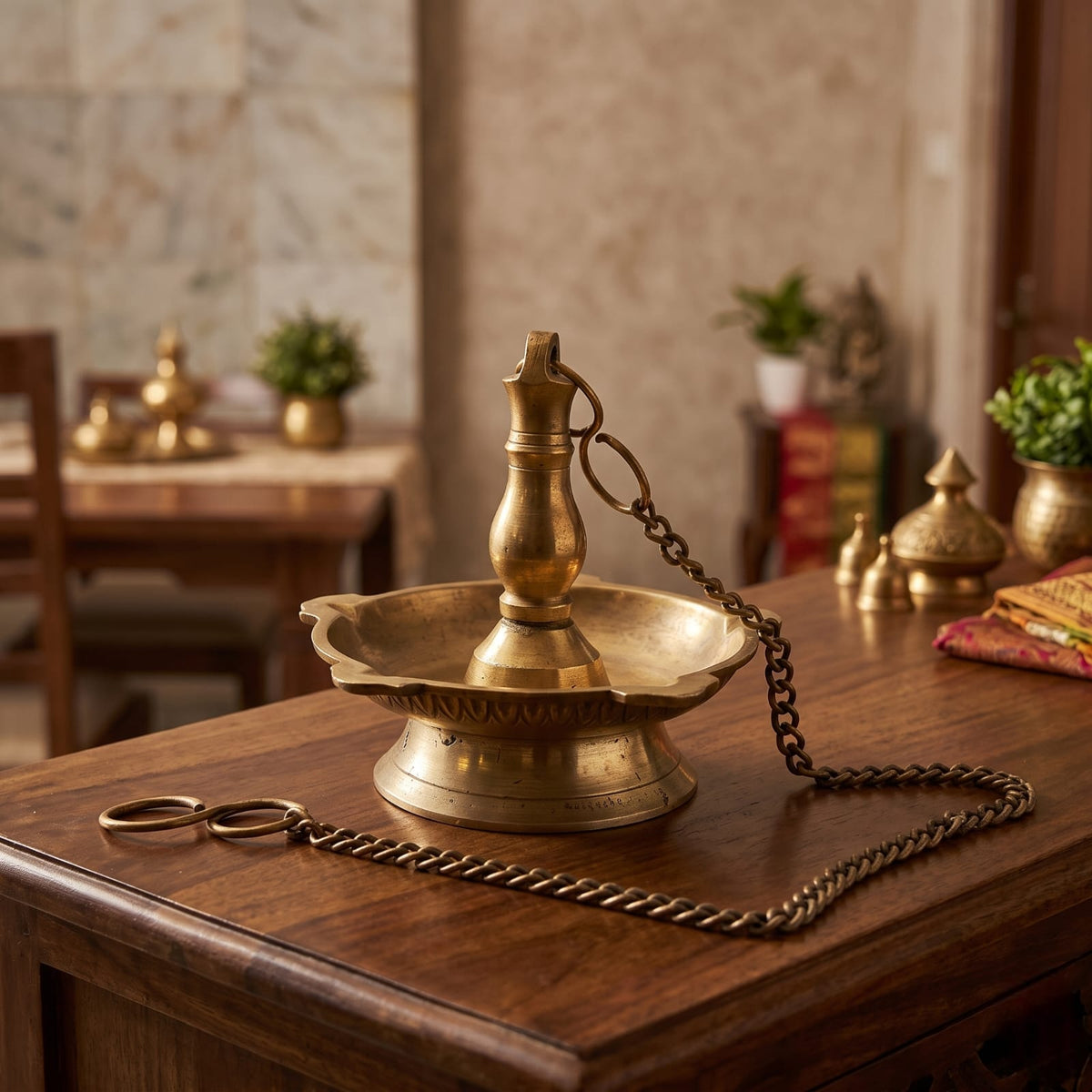 Antique Brass Hanging Diya | Traditional Suspended Oil Lamp with Chain | Made in 1978