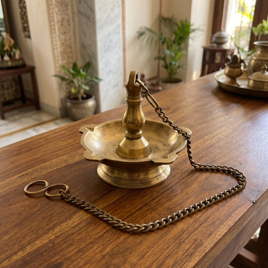 Antique Brass Hanging Diya | Traditional Suspended Oil Lamp with Chain | Made in 1978