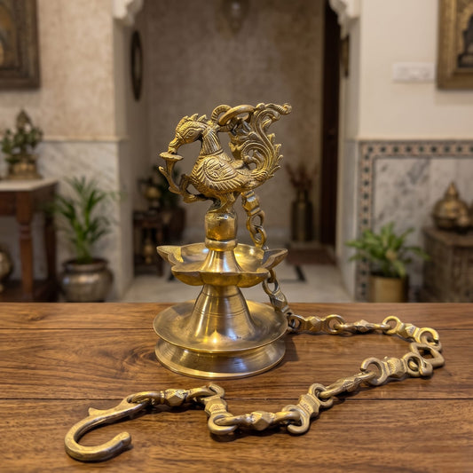 Antique Brass Hanging Peacock Diya | Traditional Suspended Oil Lamp with Chain | Made in 1972