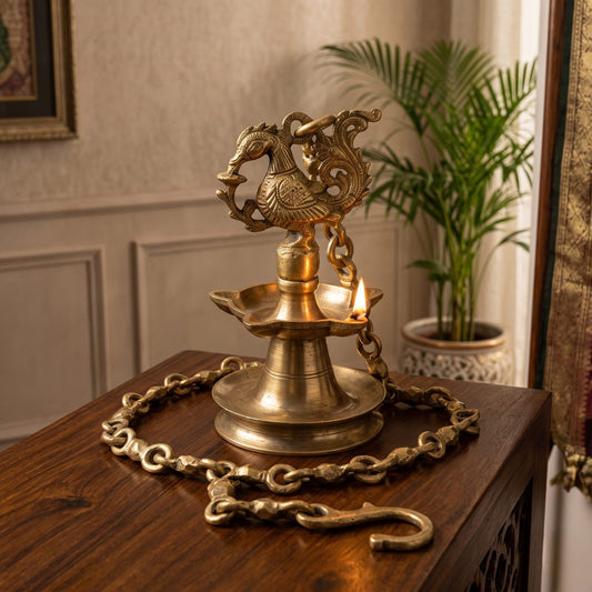 Antique Brass Hanging Peacock Diya | Traditional Suspended Oil Lamp with Chain | Made in 1972