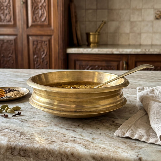 Antique Bronze Urli with Spoon | Traditional Shallow Serving Vessel with Matching Spoon | Made in 1971