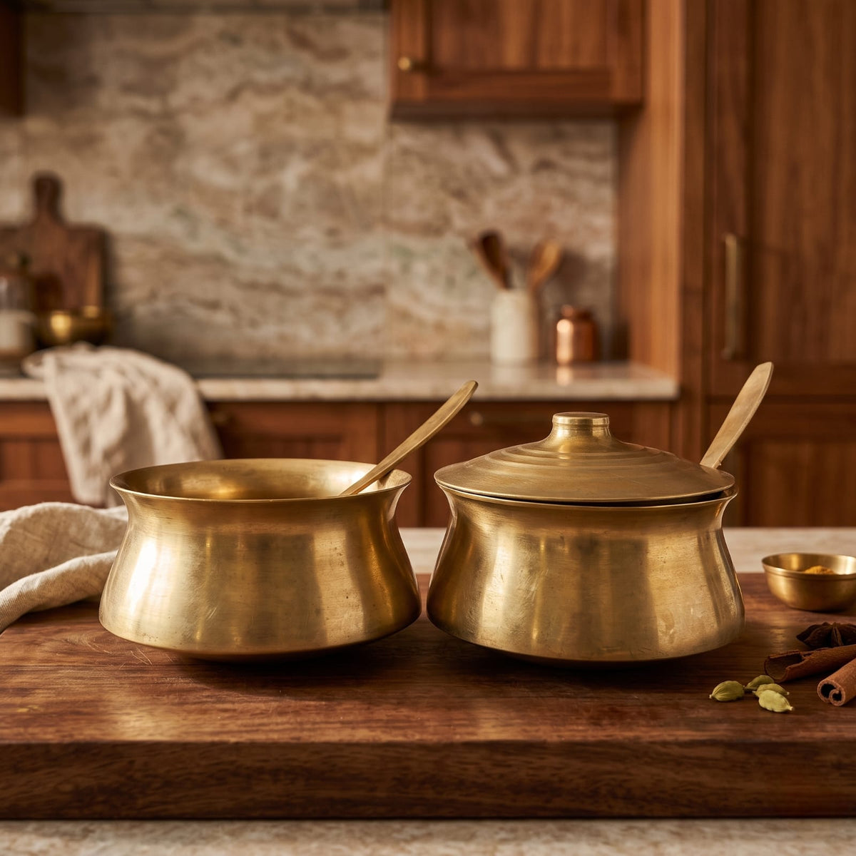 Antique Bronze Serving Bowl Set in Pair | Traditional Lidded Bowl and Open Serving Pot with Spoons | Made in 1972