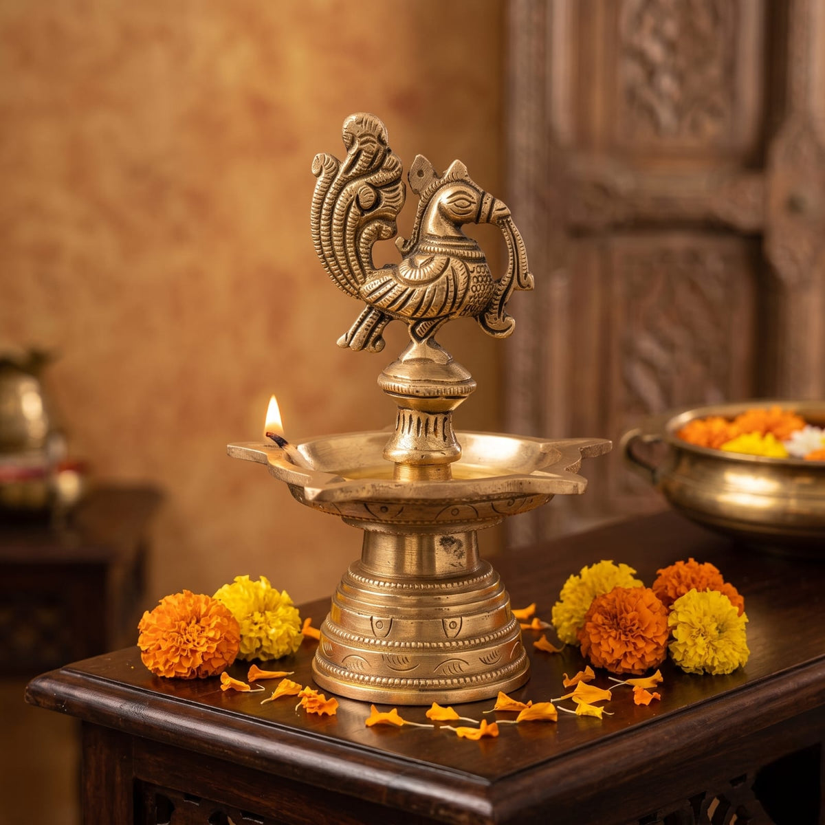 Antique Brass Peacock Diya Set in Pair | Traditional Ceremonial Oil Lamps with Peacocks | Made in 1989