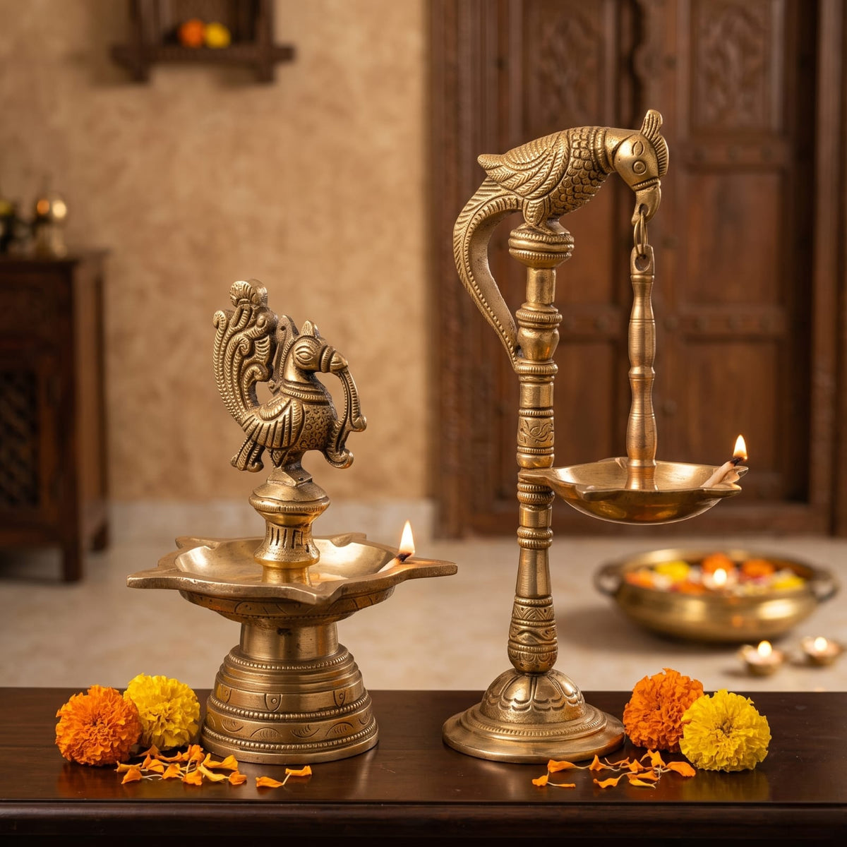 Antique Brass Peacock Diya Set in Pair | Traditional Ceremonial Oil Lamps with Peacocks | Made in 1989