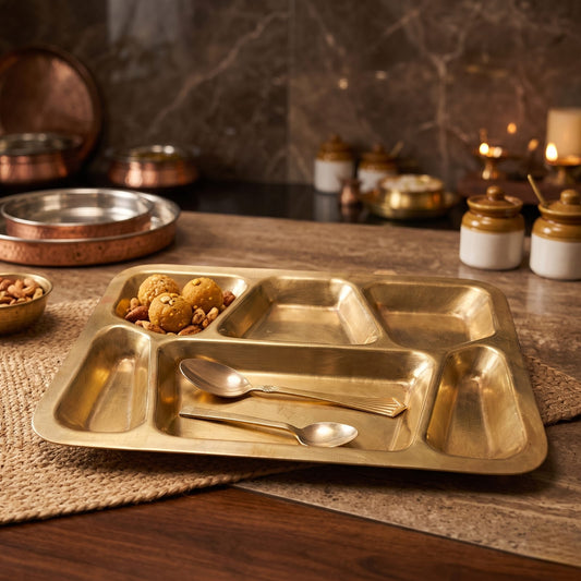 Antique Brass Six-Compartment Thal | Traditional Divided Serving Platter | Made in 1978