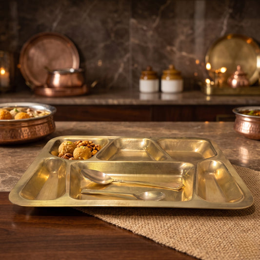 Antique Brass Six-Compartment Thal | Traditional Divided Serving Platter | Made in 1978