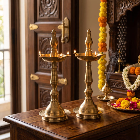Antique Brass Samay Set in Pair | Traditional Hand-Finished Ceremonial Oil Lamps | Made in 1975