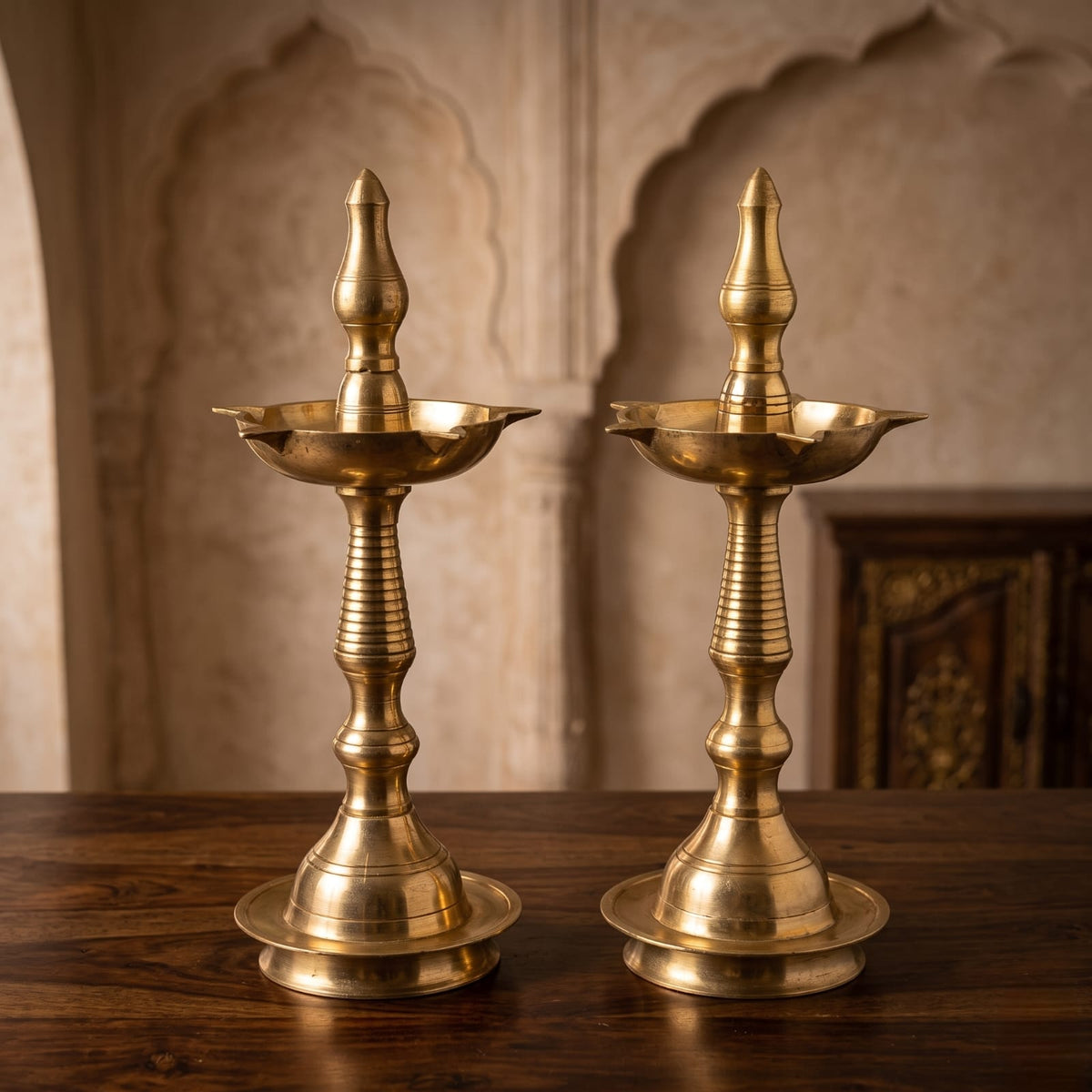Antique Brass Samay Set in Pair | Traditional Hand-Finished Ceremonial Oil Lamps | Made in 1975