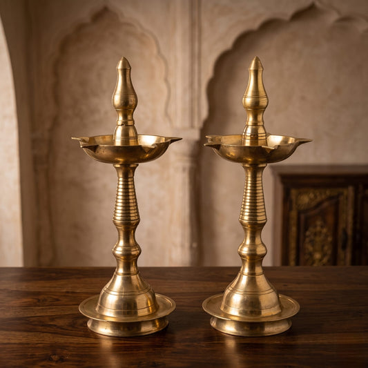 Antique Brass Samay Set in Pair | Traditional Hand-Finished Ceremonial Oil Lamps | Made in 1975 - Bombay Antiques