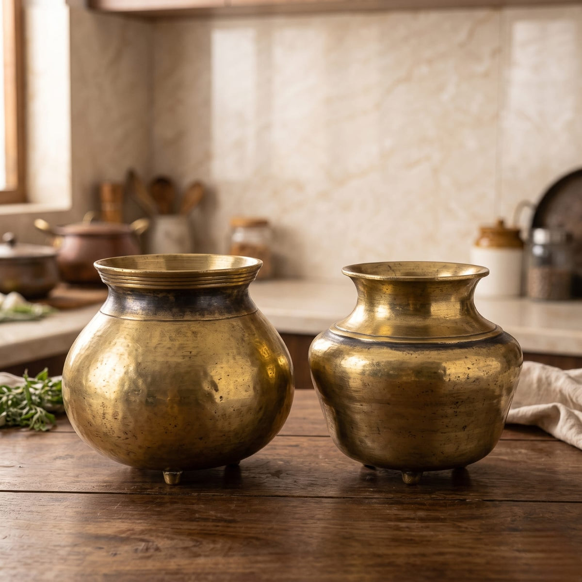 Antique Bronze Kalash Set in Pair | Traditional Pedestal Ceremonial Storage Vessels | Made in 1970