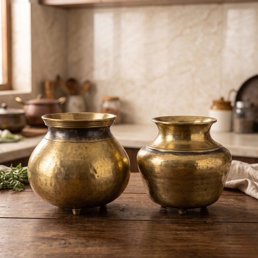 Antique Bronze Kalash Set in Pair | Traditional Pedestal Ceremonial Storage Vessels | Made in 1970