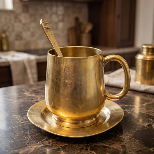 Antique Brass Coffee Mug with Stand and Spoon | Traditional Hand-Finished Beverage Collection | Made in 1973