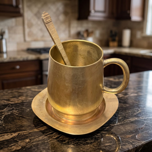 Antique Brass Coffee Mug with Stand and Spoon | Traditional Hand-Finished Beverage Collection | Made in 1973 - Bombay Antiques