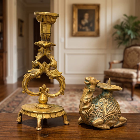 Antique Brass Engraved Candlestick and Camel Figurine Set | Traditional Ornate Decor Collection | Made in 1971 - Bombay Antiques