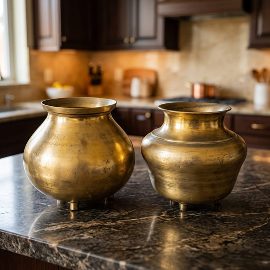Antique Bronze Kalash Set in Pair | Traditional Pedestal Ceremonial Storage Vessels | Made in 1970 - Bombay Antiques