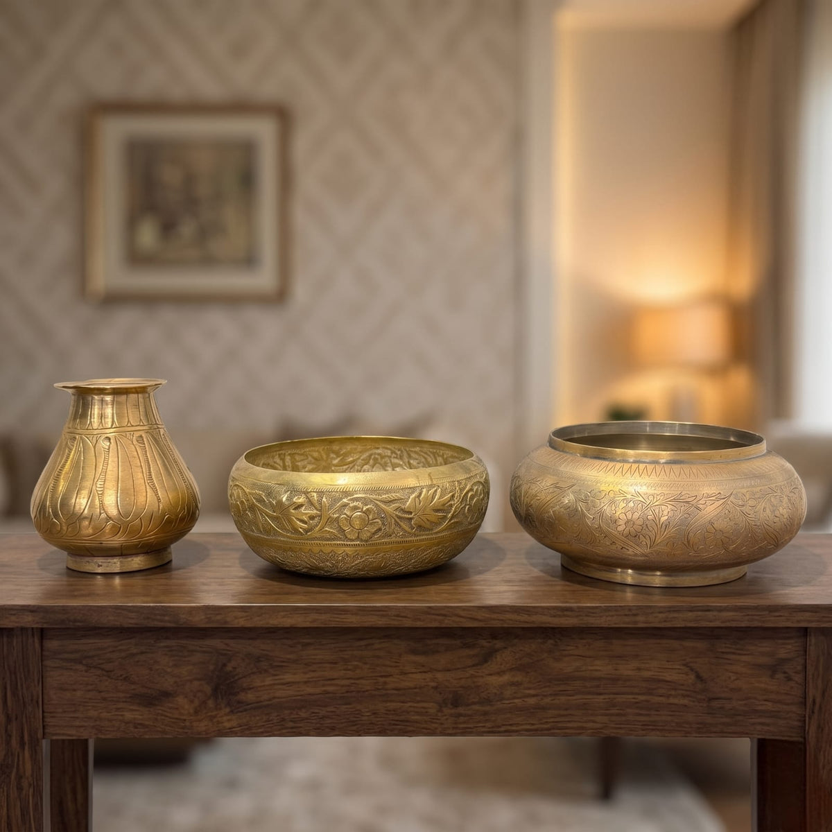 Antique Brass Engraved Planter Set of 3 | Traditional Hand-Etched Floral and Leaf Vessels | Made in 1978