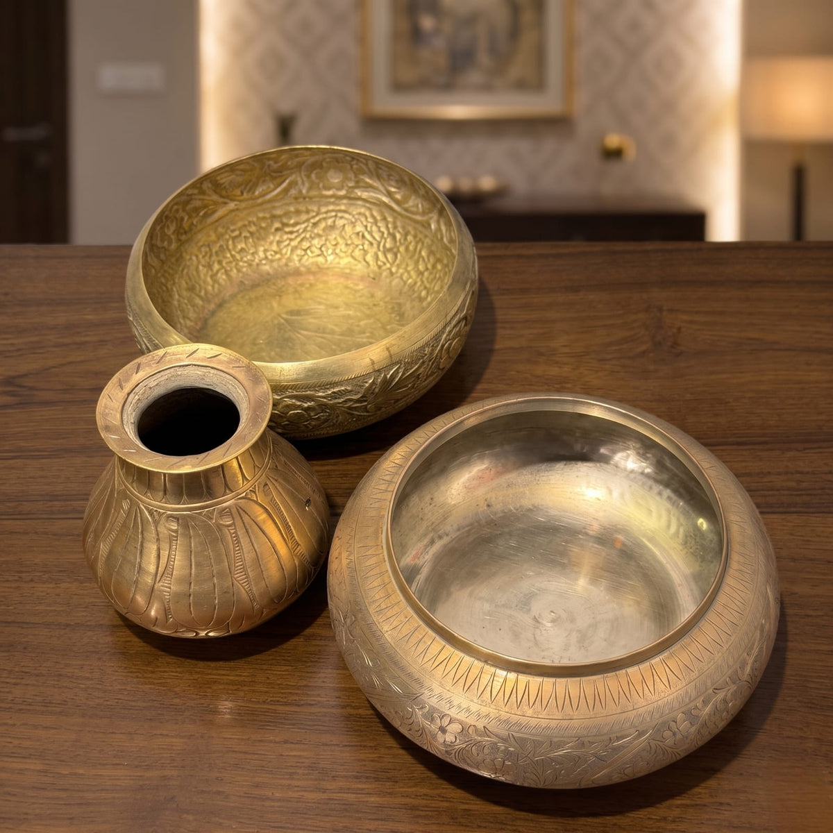 Antique Brass Engraved Planter Set of 3 | Traditional Hand-Etched Floral and Leaf Vessels | Made in 1978