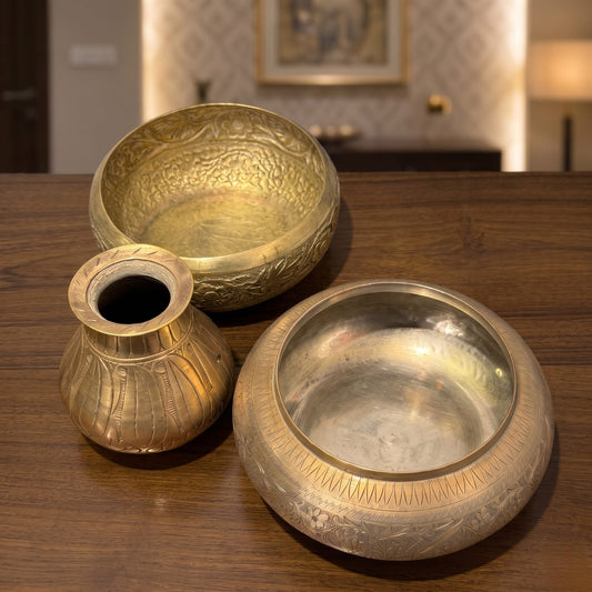 Antique Brass Engraved Planter Set of 3 | Traditional Hand-Etched Floral and Leaf Vessels | Made in 1978 - Bombay Antiques