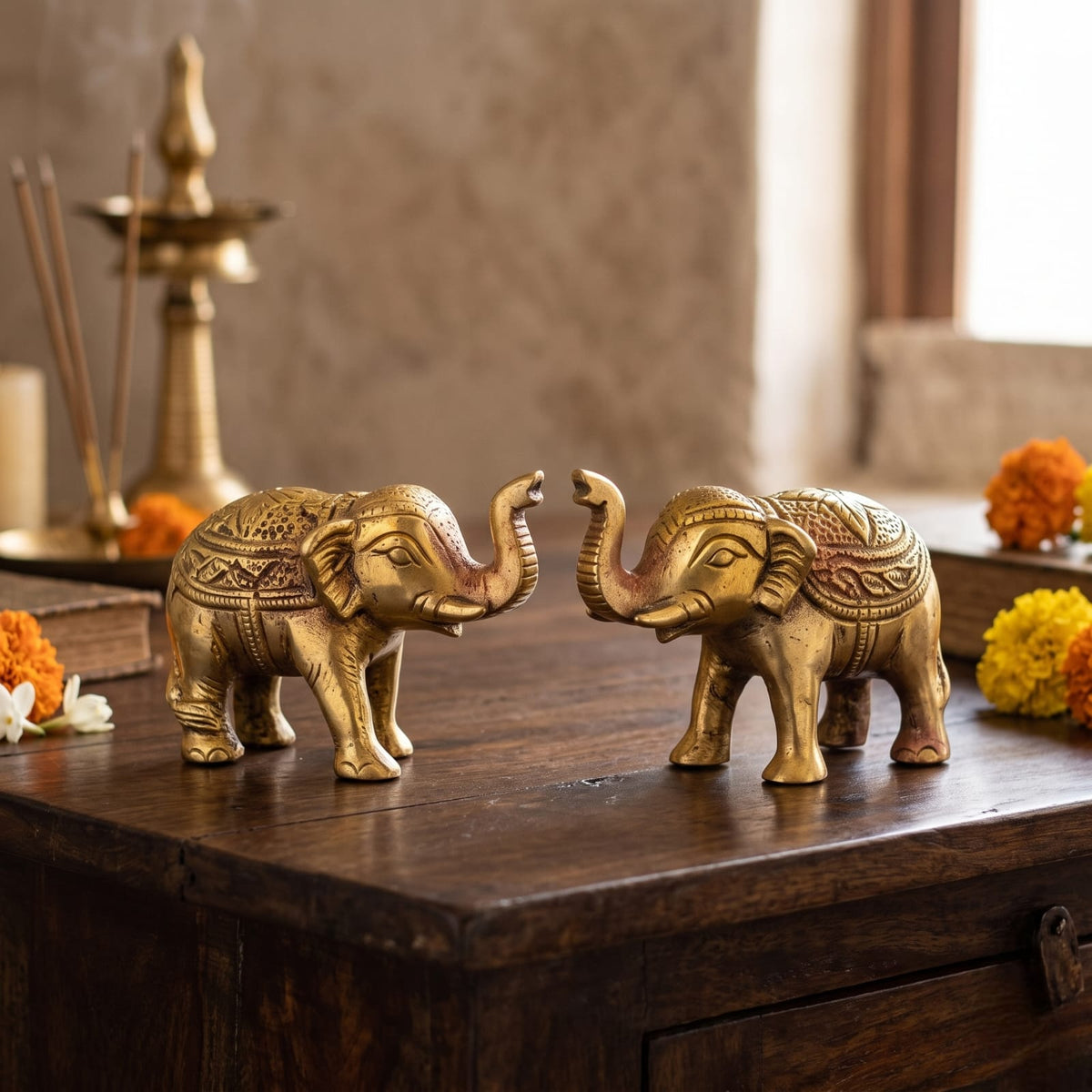 Antique Brass Engraved Elephant Set in Pair | Traditional Hand-Etched Decorative Animal Figurines | Made in 1979