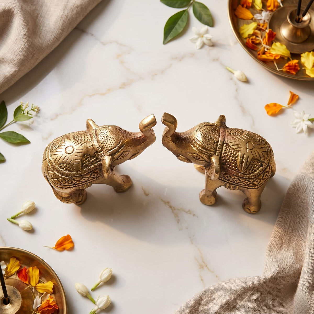 Antique Brass Engraved Elephant Set in Pair | Traditional Hand-Etched Decorative Animal Figurines | Made in 1979