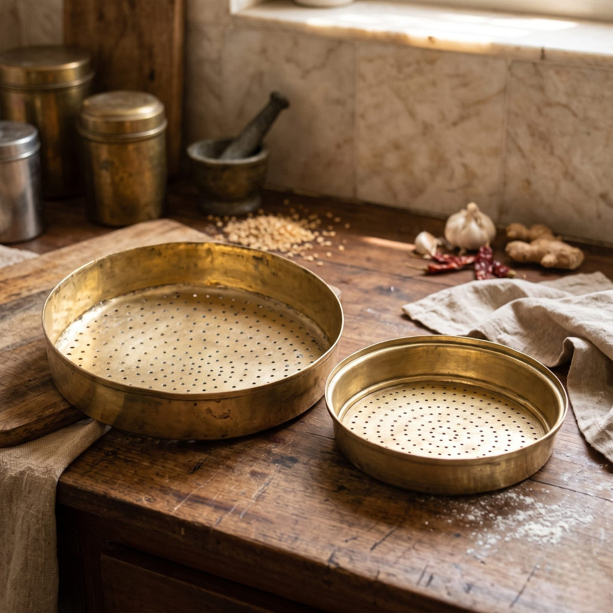 Antique Brass Channi Set in Pair | Traditional Perforated Sifters and Strainers | Made in 1979