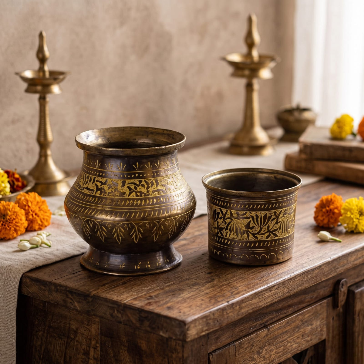 Antique Brass Engraved Planter Set in Pair | Traditional Hand-Etched Floral Vessels | Made in 1971