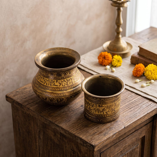 Antique Brass Engraved Planter Set in Pair | Traditional Hand-Etched Floral Vessels | Made in 1971 - Bombay Antiques