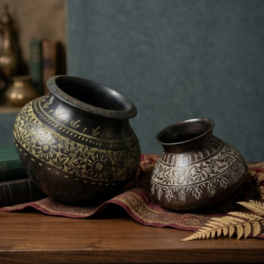 Antique Brass Engraved Planter Set in Pair | Traditional Hand-Etched Floral Vessels | Made in 1972 - Bombay Antiques