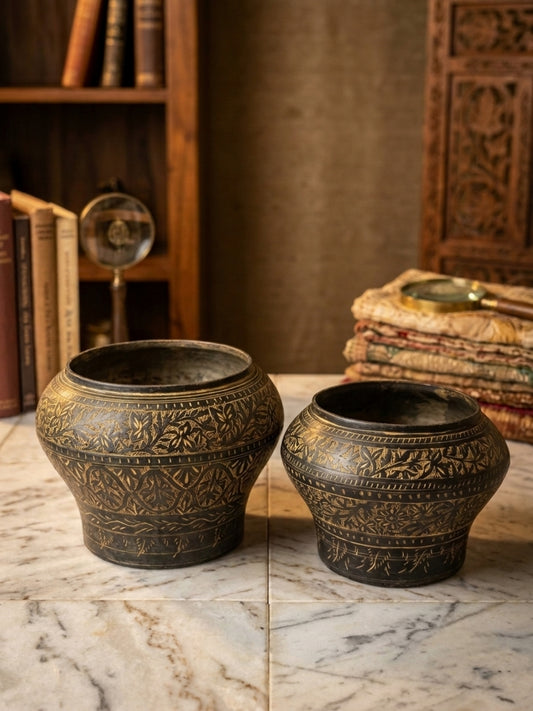 Antique Brass Planter Set in Pair | Traditional Hand-Etched Botanical Floral Planters | Made in 1978 - Bombay Antiques