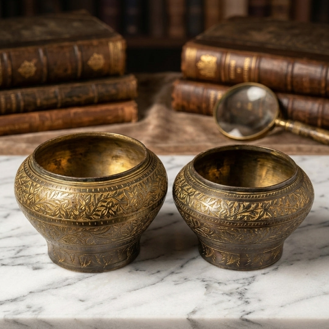 Antique Brass Planter Set in Pair | Traditional Hand-Etched Botanical Floral Planters | Made in 1978