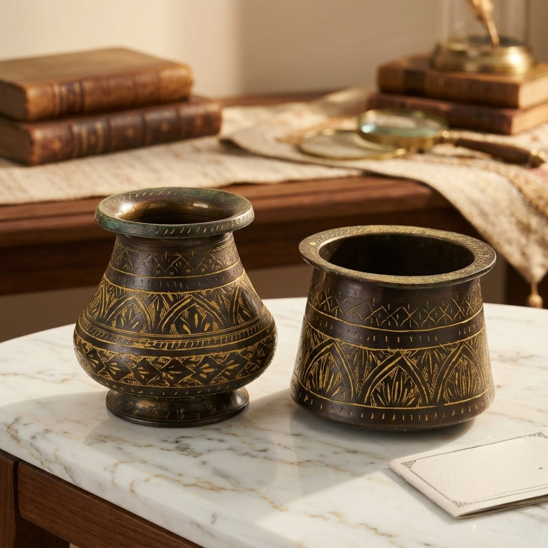Antique Brass Planter Set in Pair | Traditional Hand-Etched Geometric and Floral Vessels | Made in 1972