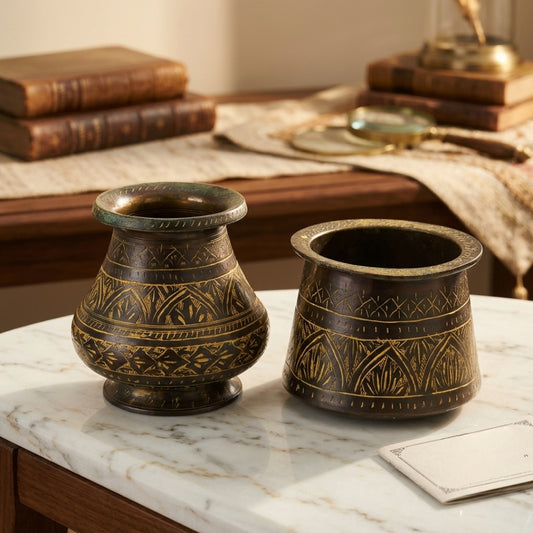 Antique Brass Planter Set in Pair | Traditional Hand-Etched Geometric and Floral Vessels | Made in 1972 - Bombay Antiques