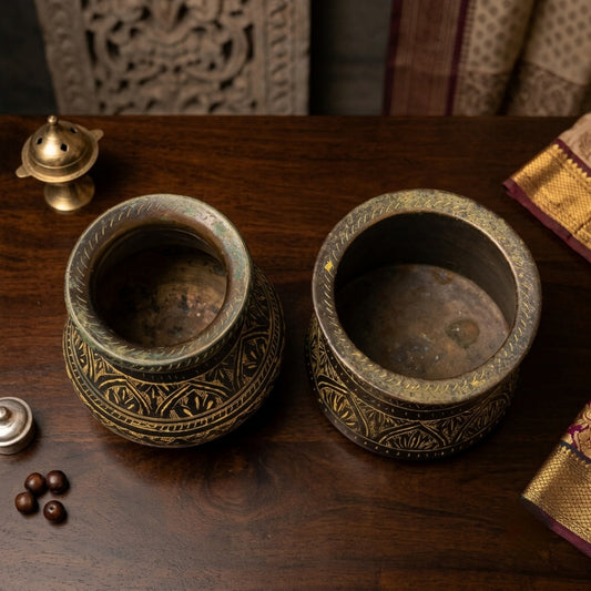 Antique Brass Planter Set in Pair | Traditional Hand-Etched Geometric and Floral Vessels | Made in 1972 - Bombay Antiques