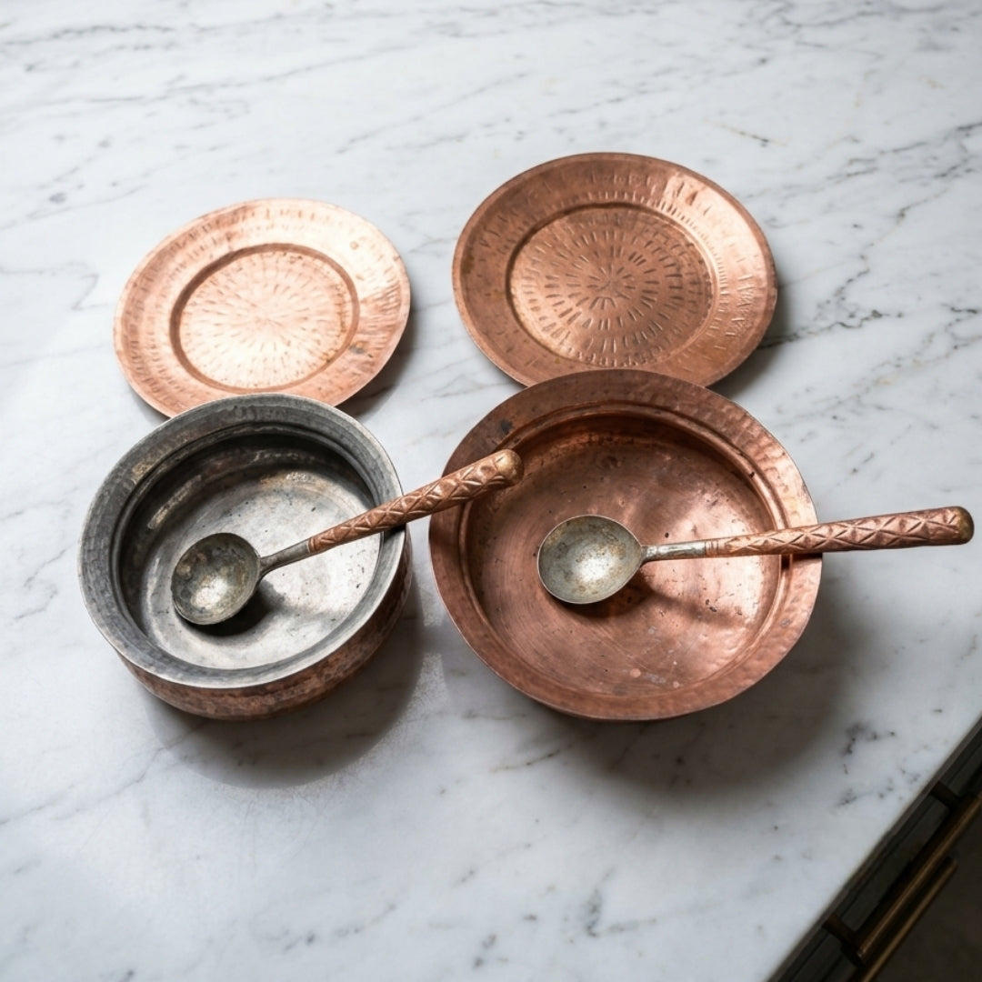 Antique Copper Cooking Bowl Set of 2 with Lids and Ladles | Traditional Hammered Kitchenware Collection | Made in 1980