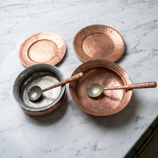 Antique Copper Cooking Bowl Set of 2 with Lids and Ladles | Traditional Hammered Kitchenware Collection | Made in 1980 - Bombay Antiques