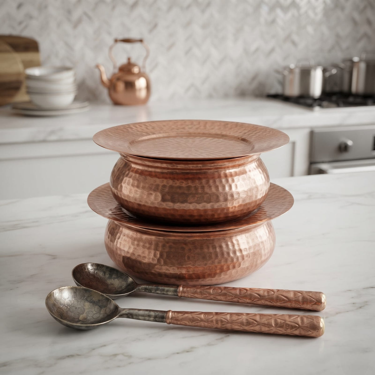Antique Copper Cooking Bowl Set of 2 with Lids and Ladles | Traditional Hammered Kitchenware Collection | Made in 1980