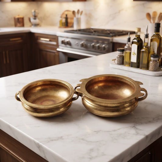 Antique Brass Urli Set in Pair | Traditional Hand-Finished Serving Bowls with Side Handles | Made in 1978 - Bombay Antiques