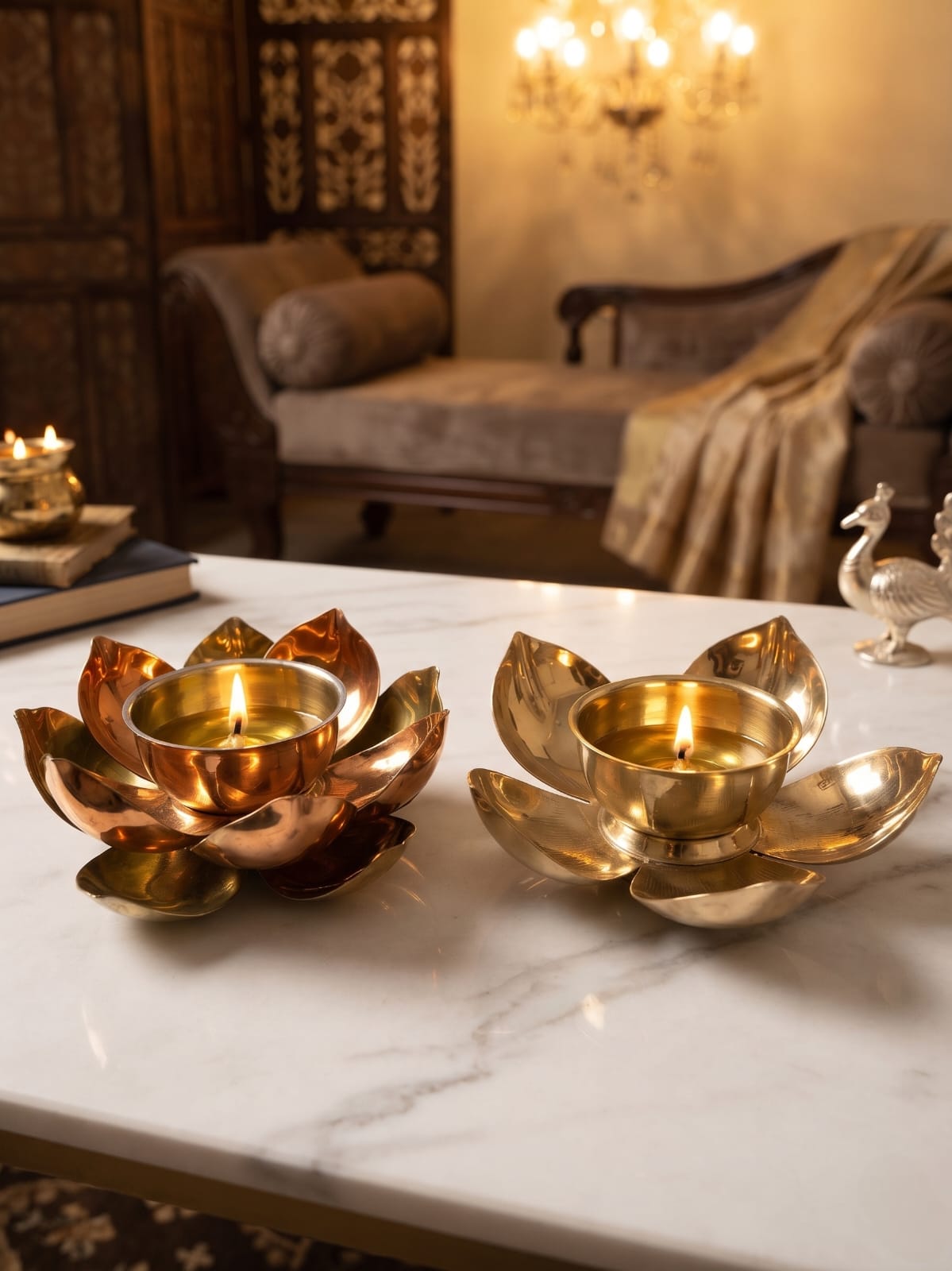 Antique Brass Lotus Diya Set in Pair | Traditional Blooming Floral Ceremonial Oil Lamps | Made in 1977
