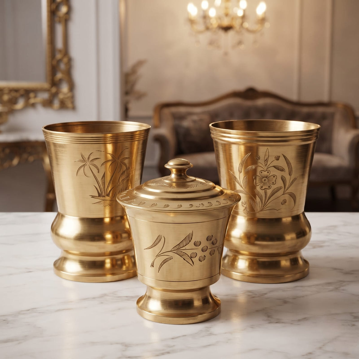 Antique Brass Engraved Glasses and Lidded Canister Set of 3 | Traditional Hand-Etched Tableware Collection | Made in 1970