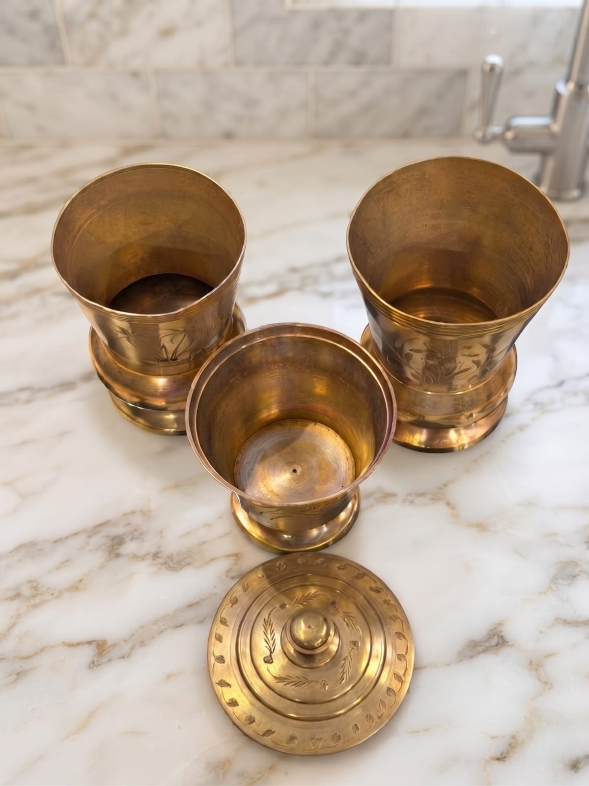 Antique Brass Engraved Glasses and Lidded Canister Set of 3 | Traditional Hand-Etched Tableware Collection | Made in 1970