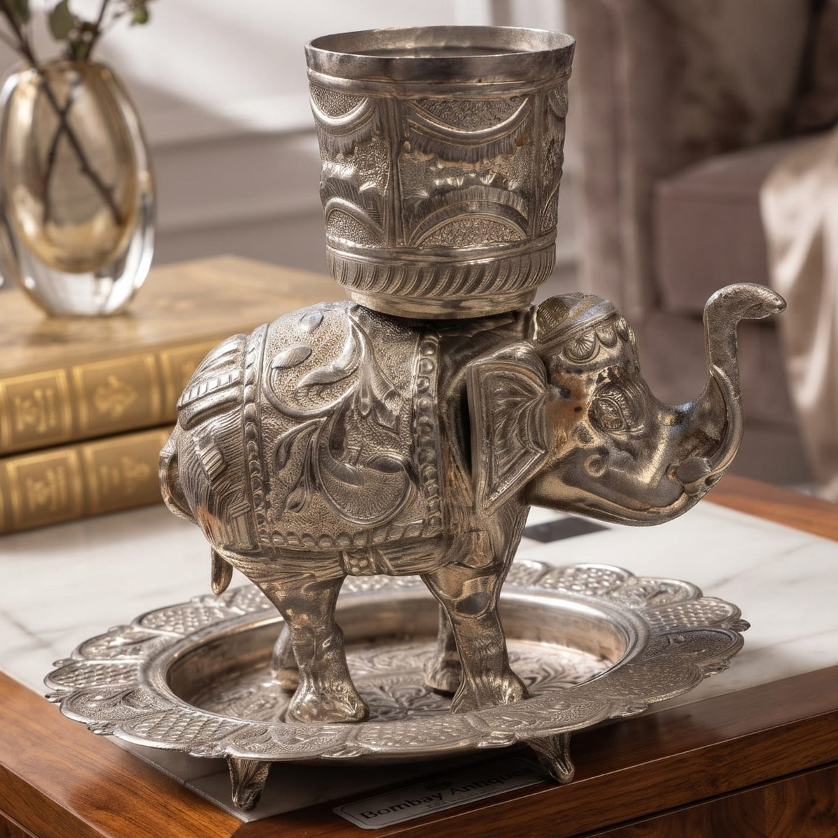 Antique Silver-Coated Brass Engraved Elephant with Vessel Decor Piece | Traditional Ornate Figurine Ensemble with Base Tray | Made in 1964