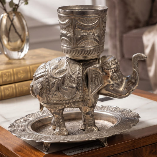Antique Silver-Coated Brass Engraved Elephant with Vessel Decor Piece | Traditional Ornate Figurine Ensemble with Base Tray | Made in 1964 - Bombay Antiques