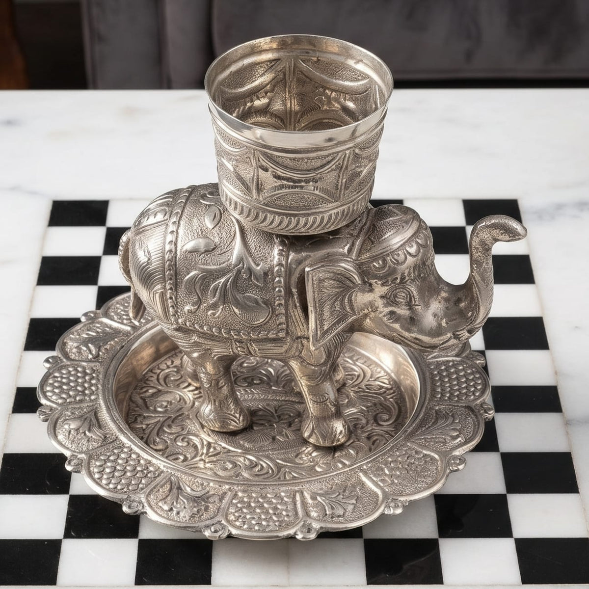 Antique Silver-Coated Brass Engraved Elephant with Vessel Decor Piece | Traditional Ornate Figurine Ensemble with Base Tray | Made in 1964