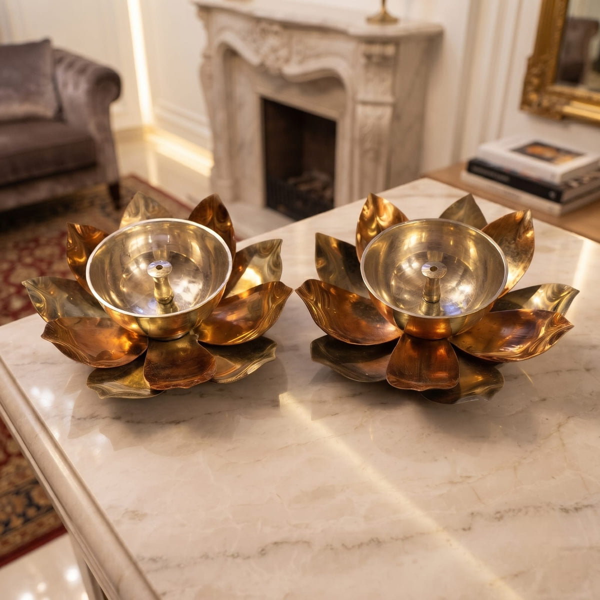 Antique Brass Lotus Diya Set in Pair | Traditional Blooming Floral Ceremonial Oil Lamps | Made in 1977
