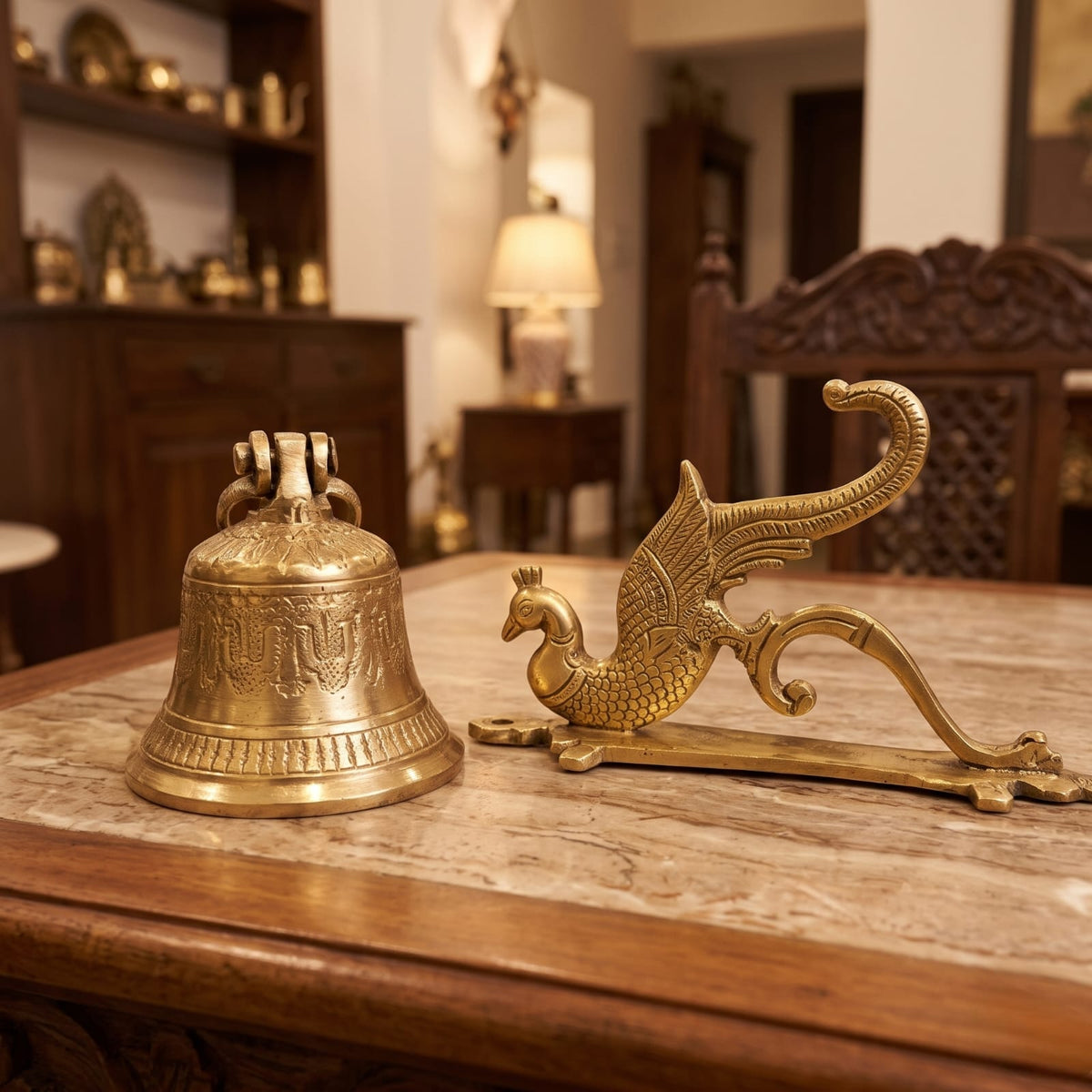 Antique Brass Parrot Hanging Bell | Traditional Wall-Mounted Decorative Bell and Bracket | Made in 1960