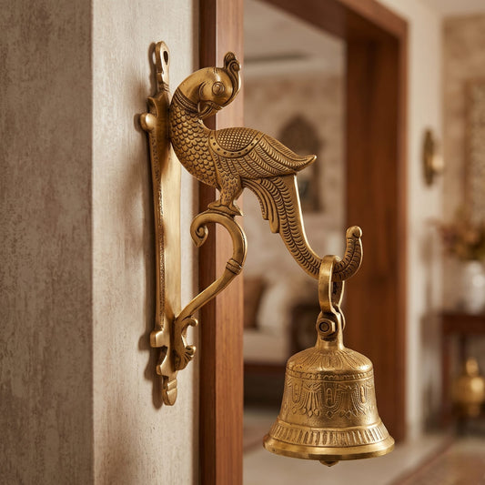Antique Brass Parrot Hanging Bell | Traditional Wall-Mounted Decorative Bell and Bracket | Made in 1960