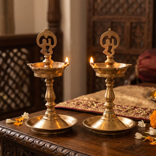 Antique Brass Small Samay Set in Pair | Traditional Ceremonial Oil Lamps with Om Motif | Made in 1980